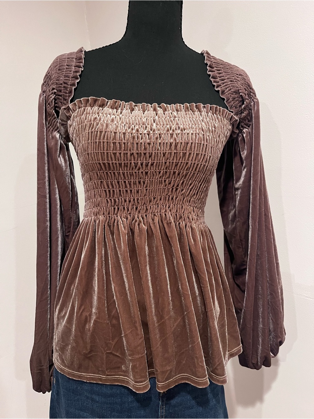 BiBi Brown Smocked Velvet Peplum Long-Sleeve Top
